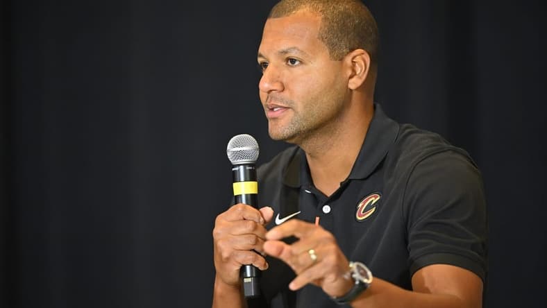 Sep 14, 2022; Cleveland, OH, USA; Cleveland Cavaliers president of basketball operations Koby Altman speaks to the media during an introductory press conference at Rocket Mortgage FieldHouse. Mandatory Credit: David Richard-USA TODAY Sports