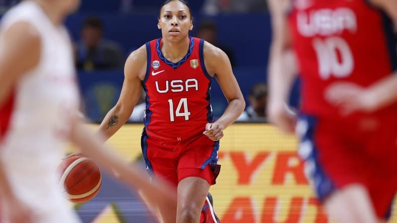 Sep 30, 2022; Sydney, AUS; USA player Betnijah Laney (14) dribbles the ball in the second quarter against Canada at Sydney SuperDome. Mandatory Credit: Yukihito Taguchi-USA TODAY Sports