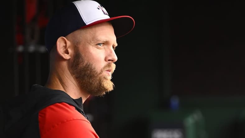 Oct 1, 2022; Washington, District of Columbia, USA; Washington Nationals pitcher Stephen Strasburg looks on during the game against the Philadelphia Phillies at Nationals Park. Mandatory Credit: Brad Mills-USA TODAY Sports