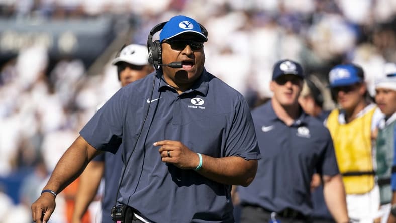 Oct 15, 2022; Provo, Utah, USA; Brigham Young University Cougars coach Kalani Sitake yells towards the referees during the first half as the Cougars face the Arkansas Razorbacks at LaVell Edwards Stadium. Mandatory Credit: Gabriel Mayberry-USA TODAY Sports