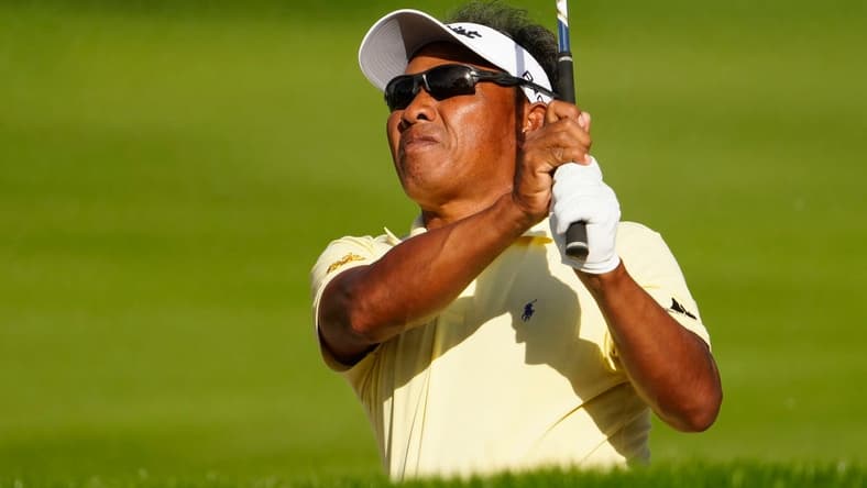 Nov 11, 2022; Phoenix, AZ, USA; Thongchai Jaidee plays his second shot on the 12th hole during round two of the Charles Schwab Cup at Phoenix Country Club. at Phoenix Country Club. Mandatory Credit: Rob Schumacher-USA TODAY Sports
