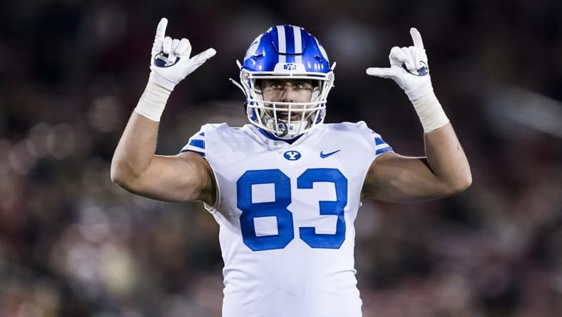 Nov 26, 2022; Stanford, California, USA;  Brigham Young Cougars tight end Isaac Rex (83) reacts after a Cougars touchdown against the Stanford Cardinal during the first half at Stanford Stadium. Mandatory Credit: John Hefti-USA TODAY Sports