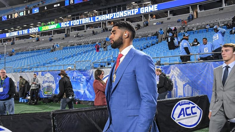 Clemson quarterback DJ Uiagalelei walks on the field before the ACC Championship football game with North Carolina at Bank of America Stadium in Charlotte, North Carolina Saturday, Dec 3, 2022.

Clemson Tigers Football Vs North Carolina Tar Heels Acc Championship Charlotte Nc
