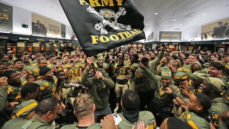 Dec 10, 2022; Philadelphia, Pennsylvania, USA; Army Black Knights head coach Jeff Monken celebrates after a 20-17 win against the Navy Midshipmen in double overtime of the 123rd Army-Navy game at Lincoln Financial Field. Mandatory Credit: Danny Wild-USA Today Sports