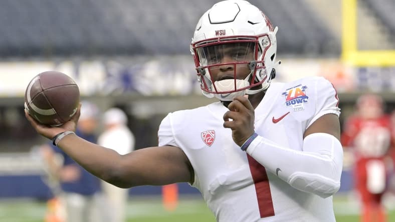 Dec 17, 2022; Inglewood, CA, USA;  Washington State Cougars quarterback Cameron Ward (1) warms up prior to the game against the Fresno State Bulldogs at SoFi Stadium. Mandatory Credit: Jayne Kamin-Oncea-USA TODAY Sports