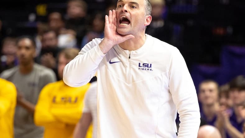 Feb 11, 2023; Baton Rouge, Louisiana, USA; LSU Tigers head coach Matt McMahon yells during the second half against the Texas A&M Aggies at Pete Maravich Assembly Center. Mandatory Credit: Stephen Lew-USA TODAY Sports