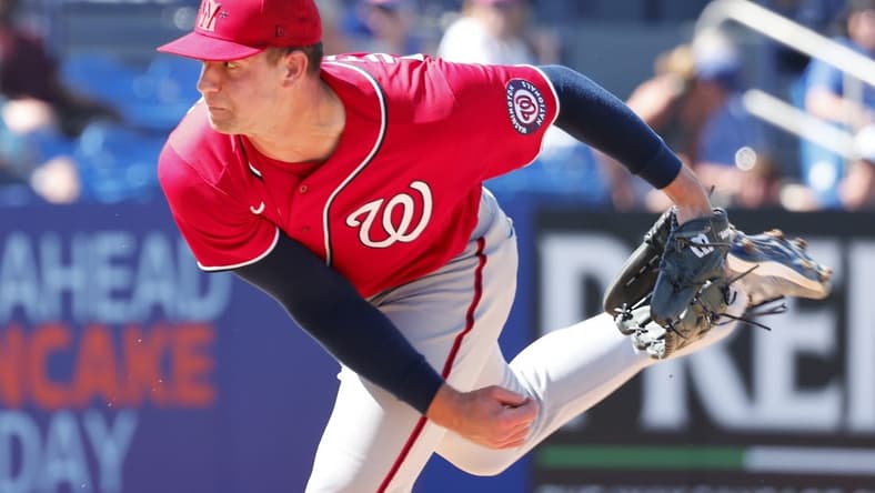 Feb 26, 2023; Port St. Lucie, Florida, USA; Washington Nationals starting pitcher Jackson Rutledge (79) throws a pitch during the third inning against the New York Mets at Clover Park. Mandatory Credit: Reinhold Matay-USA TODAY Sports
