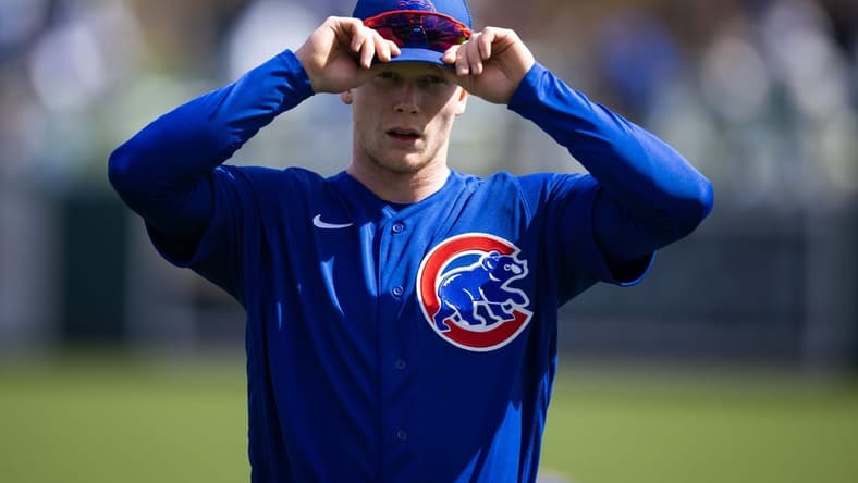 Feb 26, 2023; Phoenix, Arizona, USA; Chicago Cubs outfielder Pete Crow-Armstrong against the Los Angeles Dodgers during a spring training game at Camelback Ranch-Glendale. Mandatory Credit: Mark J. Rebilas-USA TODAY Sports