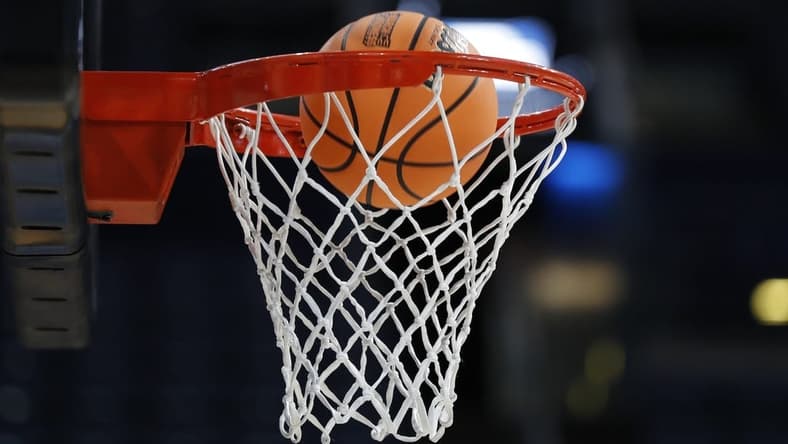 Mar 16, 2023; Columbus, OH, USA; A ball enters the hoop during NCAA Tournament First Round Columbus Practice at Nationwide Arena. Mandatory Credit: Joseph Maiorana-USA TODAY Sports