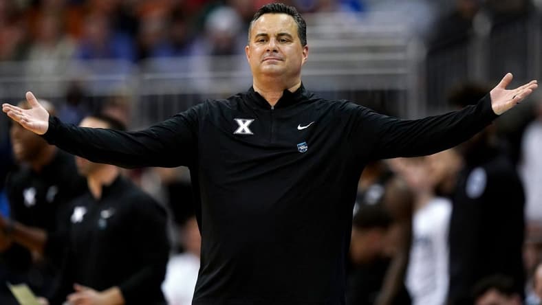 Xavier Musketeers head coach Sean Miller reacts to a play during the first half of a Sweet 16 college basketball game between the Xavier Musketeers and the Texas Longhorns in the Midwest Regional of the NCAA Tournament, Friday, March 24, 2023, at T-Mobile Center in Kansas City, Mo.

Ncaa Xavier Texas Ncaa Sweet 16 March 24 0280