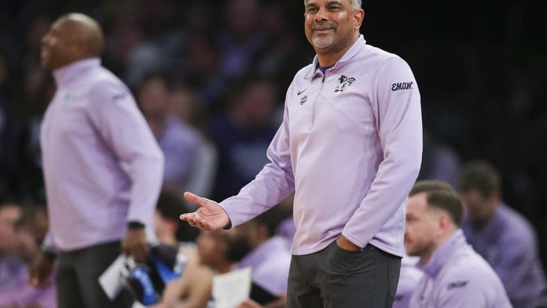 Mar 25, 2023; New York, NY, USA; Kansas State Wildcats head coach Jerome Tang reacts during the first half of an NCAA tournament East Regional final against the Florida Atlantic Owls at Madison Square Garden. Mandatory Credit: Brad Penner-USA TODAY Sports