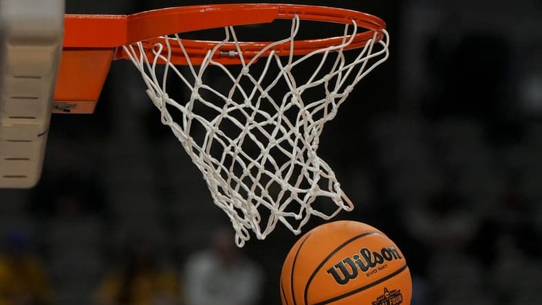 Mar 30, 2023; Dallas, TX, USA; The NCAA Women s tournament logo is seen on a Wilson game ball during team practice for the Virginia Tech Hokies at the American Airlines Center. Mandatory Credit: Kirby Lee-USA TODAY Sports
