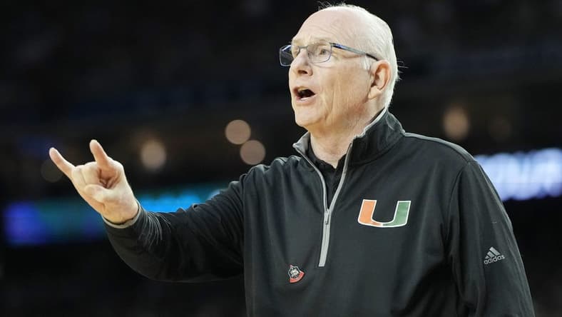 Apr 1, 2023; Houston, TX, USA; Miami (Fl) Hurricanes head coach Jim Larranaga instructs his team against the Connecticut Huskies during the first half in the semifinals of the Final Four of the 2023 NCAA Tournament at NRG Stadium. Mandatory Credit: Bob Donnan-USA TODAY Sports