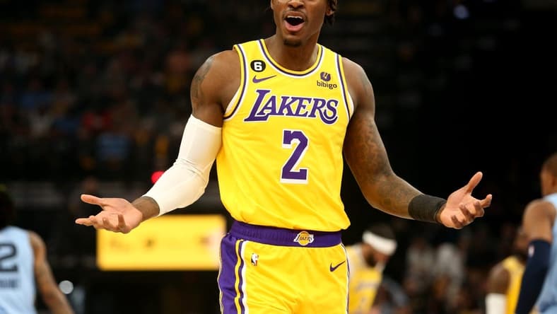 Apr 26, 2023; Memphis, Tennessee, USA; Los Angeles Lakers forward Jarred Vanderbilt (2) reacts during the first half against the Memphis Grizzlies during game five of the 2023 NBA playoffs at FedExForum. Mandatory Credit: Petre Thomas-USA TODAY Sports