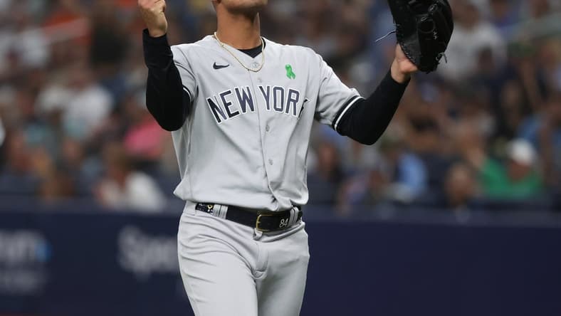May 5, 2023; St. Petersburg, Florida, USA; New York Yankees relief pitcher Albert Abreu (84) reacts at the end of the fifth inning against the Tampa Bay Rays at Tropicana Field. Mandatory Credit: Kim Klement-USA TODAY Sports