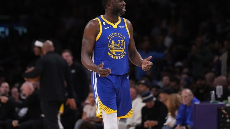 May 8, 2023; Los Angeles, California, USA; Golden State Warriors forward Draymond Green (23) reacts in the second half of game four of the 2023 NBA playoffs against the Los Angeles Lakers at Crypto.com Arena. Mandatory Credit: Kirby Lee-USA TODAY Sports