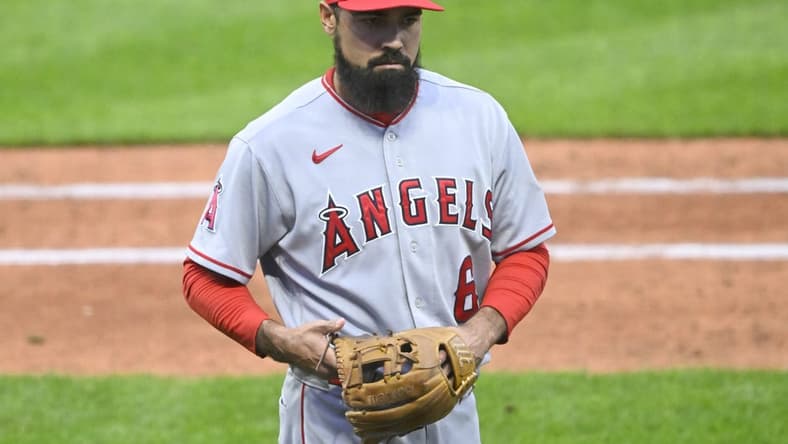 May 13, 2023; Cleveland, Ohio, USA; Los Angeles Angels third baseman Anthony Rendon (6) walks to the dugout in the sixth inning against the Cleveland Guardians at Progressive Field. Mandatory Credit: David Richard-USA TODAY Sports
