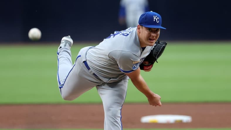 May 15, 2023; San Diego, California, USA;  Kansas City Royals starting pitcher Brad Keller (56) throws a pitch against the San Diego Padres at Petco Park. Mandatory Credit: Kiyoshi Mio-USA TODAY Sports
