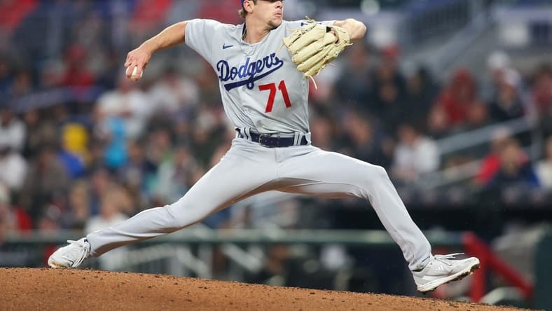 May 22, 2023; Atlanta, Georgia, USA; Los Angeles Dodgers starting pitcher Gavin Stone (71) throws against the Atlanta Braves in the fourth inning at Truist Park. Mandatory Credit: Brett Davis-USA TODAY Sports