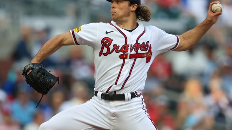 May 25, 2023; Atlanta, Georgia, USA; Atlanta Braves starting pitcher Dylan Dodd (46) throws against the Philadelphia Phillies in the first inning at Truist Park. Mandatory Credit: Brett Davis-USA TODAY Sports