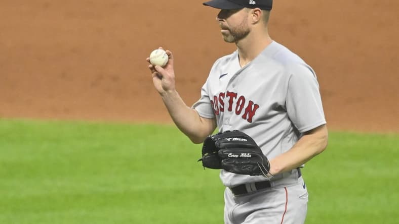 Jun 8, 2023; Cleveland, Ohio, USA; Boston Red Sox starting pitcher Corey Kluber (28) reacts in the sixth inning against the Cleveland Guardians at Progressive Field. Mandatory Credit: David Richard-USA TODAY Sports