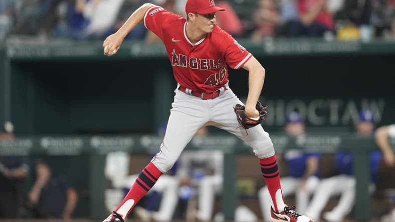 Jun 14, 2023; Arlington, Texas, USA; Los Angeles Angels relief pitcher Jimmy Herget (46) delivers a pitch to the Texas Rangers during the seventh inning at Globe Life Field. Mandatory Credit: Jim Cowsert-USA TODAY Sports