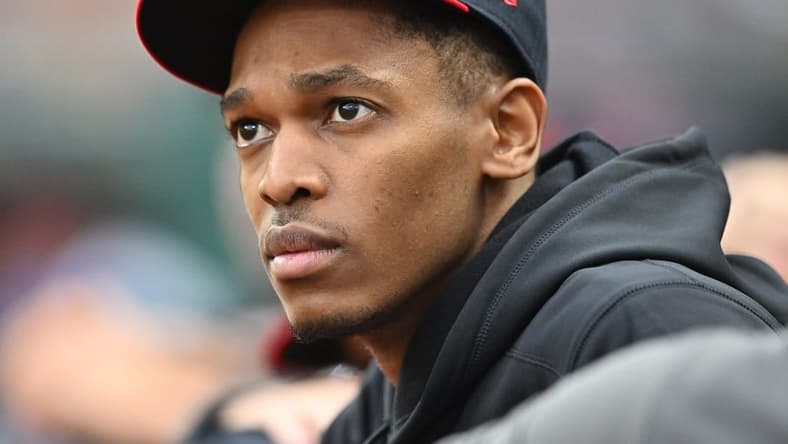 Jun 23, 2023; Cleveland, Ohio, USA; Cleveland Guardians pitcher Triston McKenzie watches the game between the Guardians and the Milwaukee Brewers from the dugout during the fifth inning at Progressive Field. Mandatory Credit: Ken Blaze-USA TODAY Sports