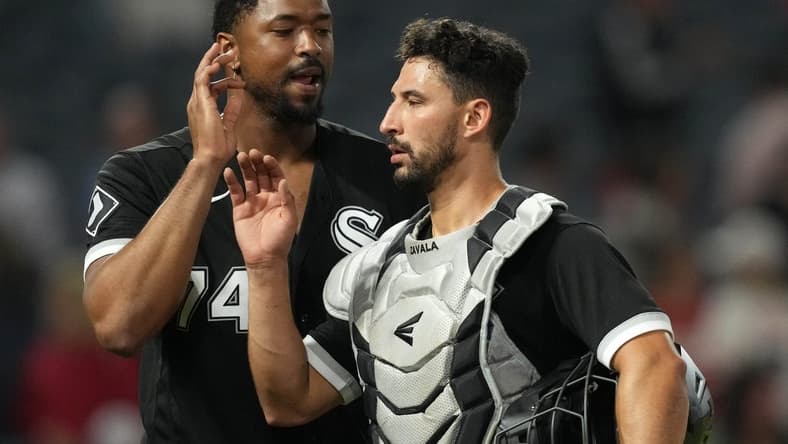 Jun 28, 2023; Anaheim, California, USA; Chicago White Sox right fielder Eloy Jimenez (74) and catcher Seby Zavala (44) celebrate at the end of the game against the Los Angeles Angels at Angel Stadium. Mandatory Credit: Kirby Lee-USA TODAY Sports