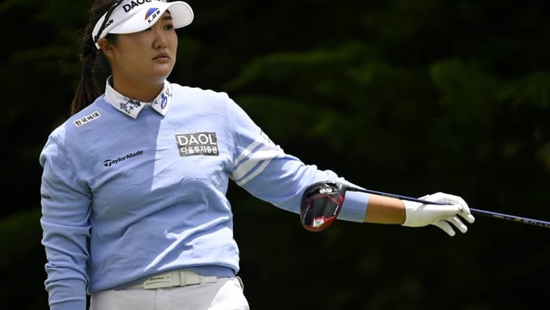 Jul 9, 2023; Pebble Beach, California, USA; Hae Ran Ryu signals after teeing off on the third hole during the final round of the U.S. Women's Open golf tournament at Pebble Beach Golf Links. Mandatory Credit: Kelvin Kuo-USA TODAY Sports