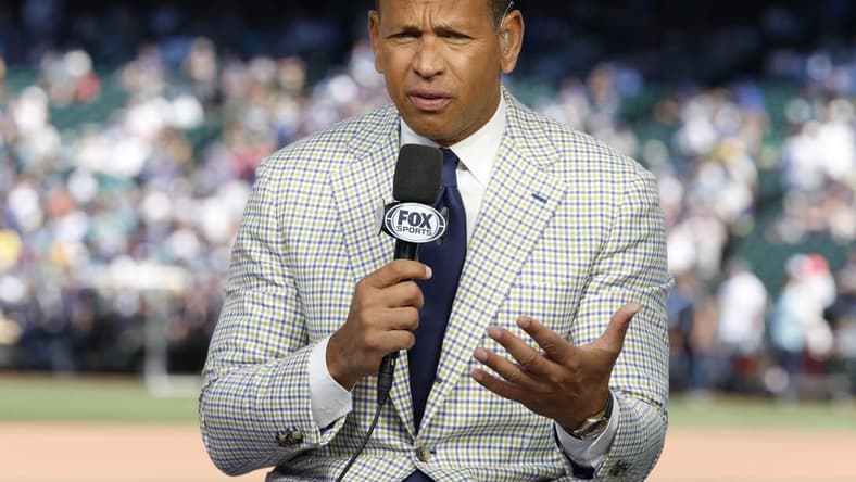 Jul 11, 2023; Seattle, Washington, USA; FOX Sports analyst Alex Rodriguez talks before before the 2023 MLB All Star Game at T-Mobile Park. Mandatory Credit: Joe Nicholson-USA TODAY Sports