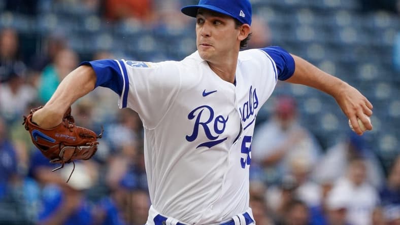 Jul 18, 2023; Kansas City, Missouri, USA; Kansas City Royals starting pitcher Daniel Lynch IV (52) delivers a pitch against the Detroit Tigers in the first inning at Kauffman Stadium. Mandatory Credit: Denny Medley-USA TODAY Sports
