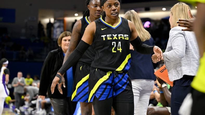 Jul 22, 2023; Arlington, Texas, USA; Dallas Wings guard Arike Ogunbowale (24) leaves the game against the Los Angeles Sparks during the second half at College Park Center. Mandatory Credit: Jerome Miron-USA TODAY Sports