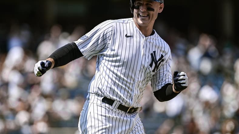 Jul 23, 2023; Bronx, New York, USA; New York Yankees first baseman Anthony Rizzo (48) reacts after hitting a solo home run against the Kansas City Royals during the third inning at Yankee Stadium. Mandatory Credit: John Jones-USA TODAY Sports