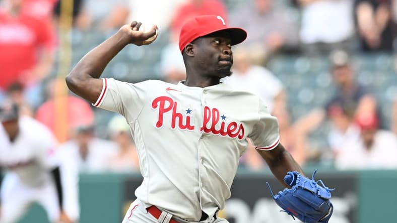 Jul 23, 2023; Cleveland, Ohio, USA; Philadelphia Phillies relief pitcher Yunior Marte (43) throws a pitch during the tenth inning against the Cleveland Guardians at Progressive Field. Mandatory Credit: Ken Blaze-USA TODAY Sports