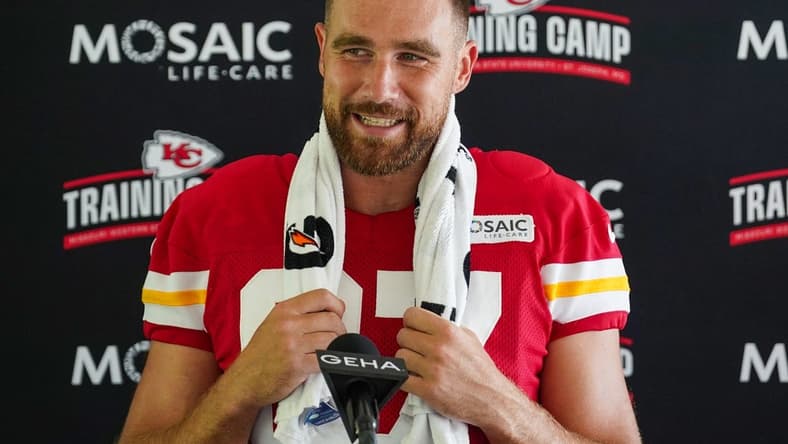 Jul 24, 2023; St. Joseph, MO, USA; Kansas City Chiefs tight end Travis Kelce (87) answers questions from reporters during training camp at Missouri Western State University. Mandatory Credit: Denny Medley-USA TODAY Sports