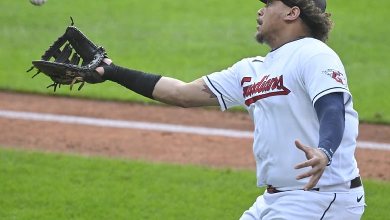 Jul 24, 2023; Cleveland, Ohio, USA; Cleveland Guardians first baseman Josh Naylor (22) catches a foul popup in the second inning against the Kansas City Royals at Progressive Field. Mandatory Credit: David Richard-USA TODAY Sports