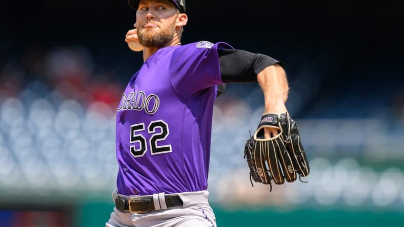 Jul 26, 2023; Washington, District of Columbia, USA; Colorado Rockies relief pitcher Daniel Bard (52) throws a pitch during the ninth inning against the Washington Nationals at Nationals Park. Mandatory Credit: Reggie Hildred-USA TODAY Sports