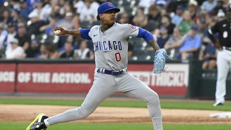 Jul 26, 2023; Chicago, Illinois, USA;  Chicago Cubs starting pitcher Marcus Stroman (0) delivers against the Chicago White Sox during the first inning at Guaranteed Rate Field. Mandatory Credit: Matt Marton-USA TODAY Sports