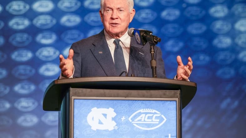 Jul 27, 2023; Charlotte, NC, USA; UNC head coach Mack Brown answers questions from the media during the ACC 2023 Kickoff at The Westin Charlotte. Mandatory Credit: Jim Dedmon-USA TODAY Sports