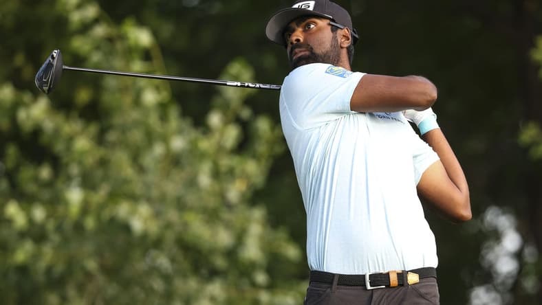 Jul 28, 2023; Blaine, Minnesota, USA; Sahith Theegala hits his tee shot on the 11th hole during the second round of the 3M Open golf tournament. Mandatory Credit: Matt Krohn-USA TODAY Sports