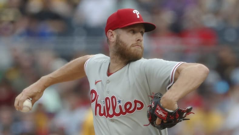 Jul 28, 2023; Pittsburgh, Pennsylvania, USA; Philadelphia Phillies starting pitcher Zack Wheeler (45) delivers a pitch against the Pittsburgh Pirates during the first inning at PNC Park. Mandatory Credit: Charles LeClaire-USA TODAY Sports