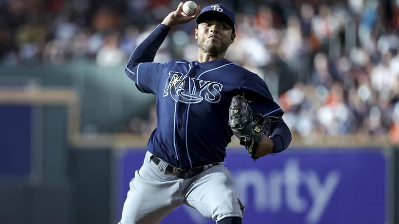 Jul 29, 2023; Houston, Texas, USA; Tampa Bay Rays starting pitcher Taj Bradley (45) delivers a pitch during the second inning against the Houston Astros at Minute Maid Park. Mandatory Credit: Troy Taormina-USA TODAY Sports