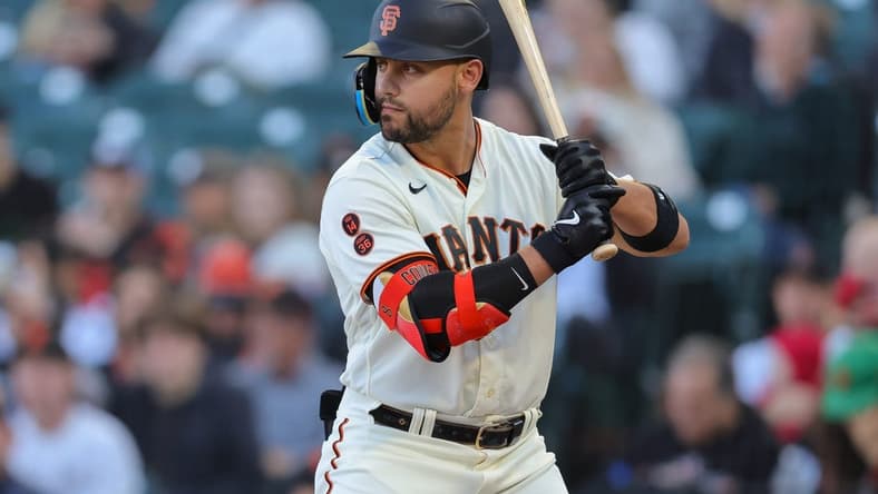 Jul 31, 2023; San Francisco, California, USA; San Francisco Giants right fielder Michael Conforto (8) during the game against the Arizona Diamondbacks at Oracle Park. Mandatory Credit: Sergio Estrada-USA TODAY Sports