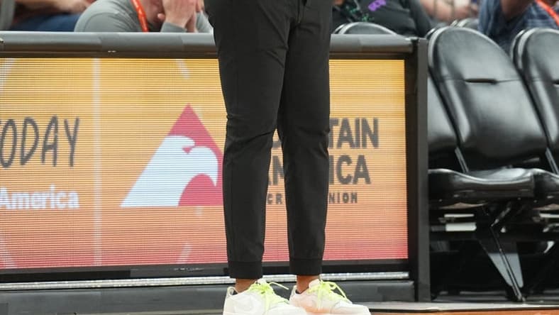 Aug 5, 2023; Phoenix, Arizona, USA; Seattle Storm head coach Noelle Quinn looks on against the Phoenix Mercury during the first half at Footprint Center. Mandatory Credit: Joe Camporeale-USA TODAY Sports