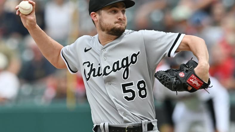 Aug 6, 2023; Cleveland, Ohio, USA; Chicago White Sox relief pitcher Jimmy Lambert (58) throws a pitch during the ninth inning against the Cleveland Guardians at Progressive Field. Mandatory Credit: Ken Blaze-USA TODAY Sports