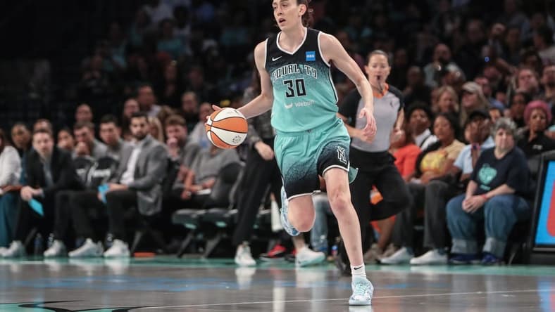 Aug 6, 2023; Brooklyn, New York, USA; New York Liberty forward Breanna Stewart (30) brings the ball up court in the first quarter against the Las Vegas Aces at Barclays Center. Mandatory Credit: Wendell Cruz-USA TODAY Sports