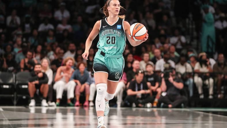 Aug 6, 2023; Brooklyn, New York, USA; New York Liberty guard Sabrina Ionescu (20) at Barclays Center. Mandatory Credit: Wendell Cruz-USA TODAY Sports