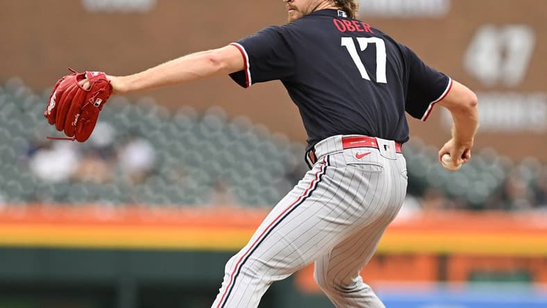 Aug 9, 2023; Detroit, Michigan, USA;  Minnesota Twins starting pitcher Bailey Ober (17) throws a pitch against the Detroit Tigers in the second inning at Comerica Park. Mandatory Credit: Lon Horwedel-USA TODAY Sports