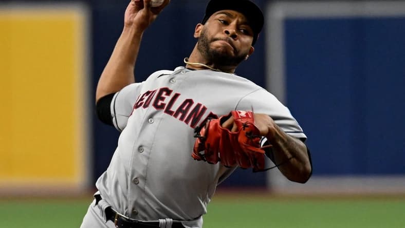 Aug 11, 2023; St. Petersburg, Florida, USA; Cleveland Guardians pitcher Xzavion Curry (44) throws a pitch in the first inning against the Tampa Bay Rays at Tropicana Field. Mandatory Credit: Jonathan Dyer-USA TODAY Sports