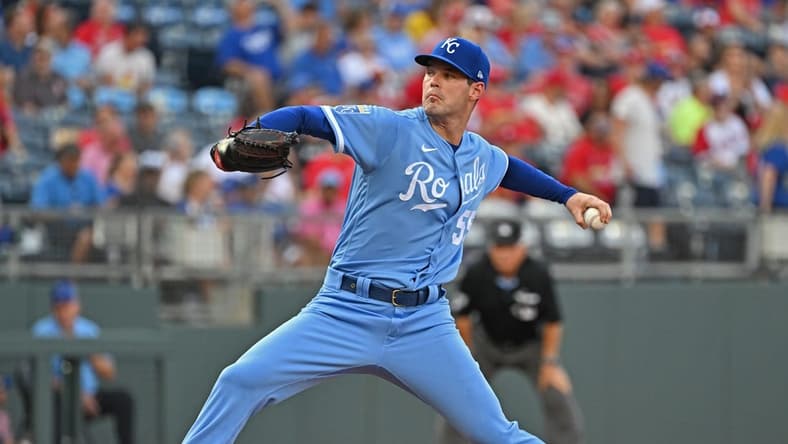 Aug 12, 2023; Kansas City, Missouri, USA;  Kansas City Royals starting pitcher Cole Ragans (55) delivers a pitch in the first inning against the St. Louis Cardinals at Kauffman Stadium. Mandatory Credit: Peter Aiken-USA TODAY Sports